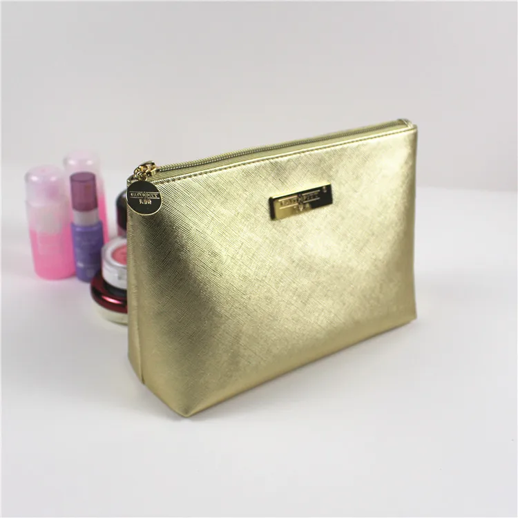 

Hot selling Luxury Golden Logo Plate Makeup Bag PU Leather Pouch Fashion Gift Women Brush Travel Toiletry Cosmetic Bags & Cases, Gold