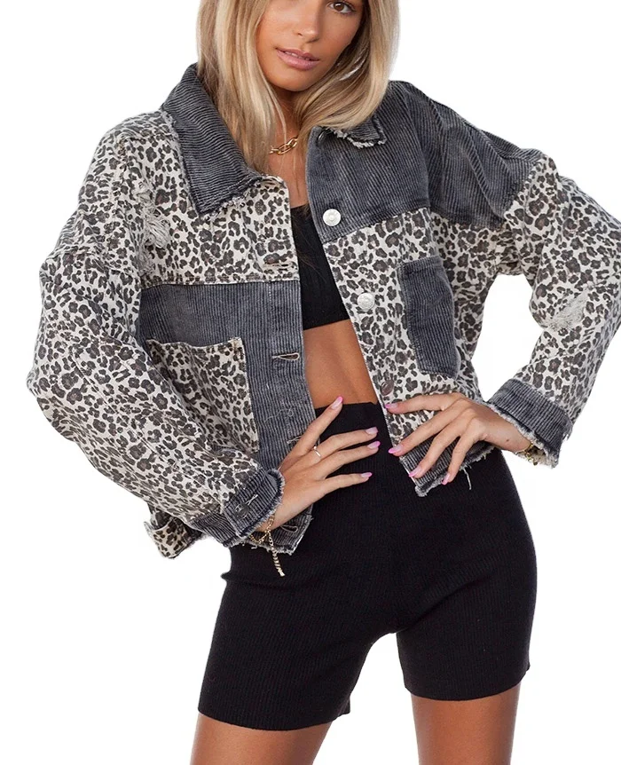 

Fashion New Casual Button Up Jacket Women Distressed Coat Ladies Leopard Denim Jacket, Picture color