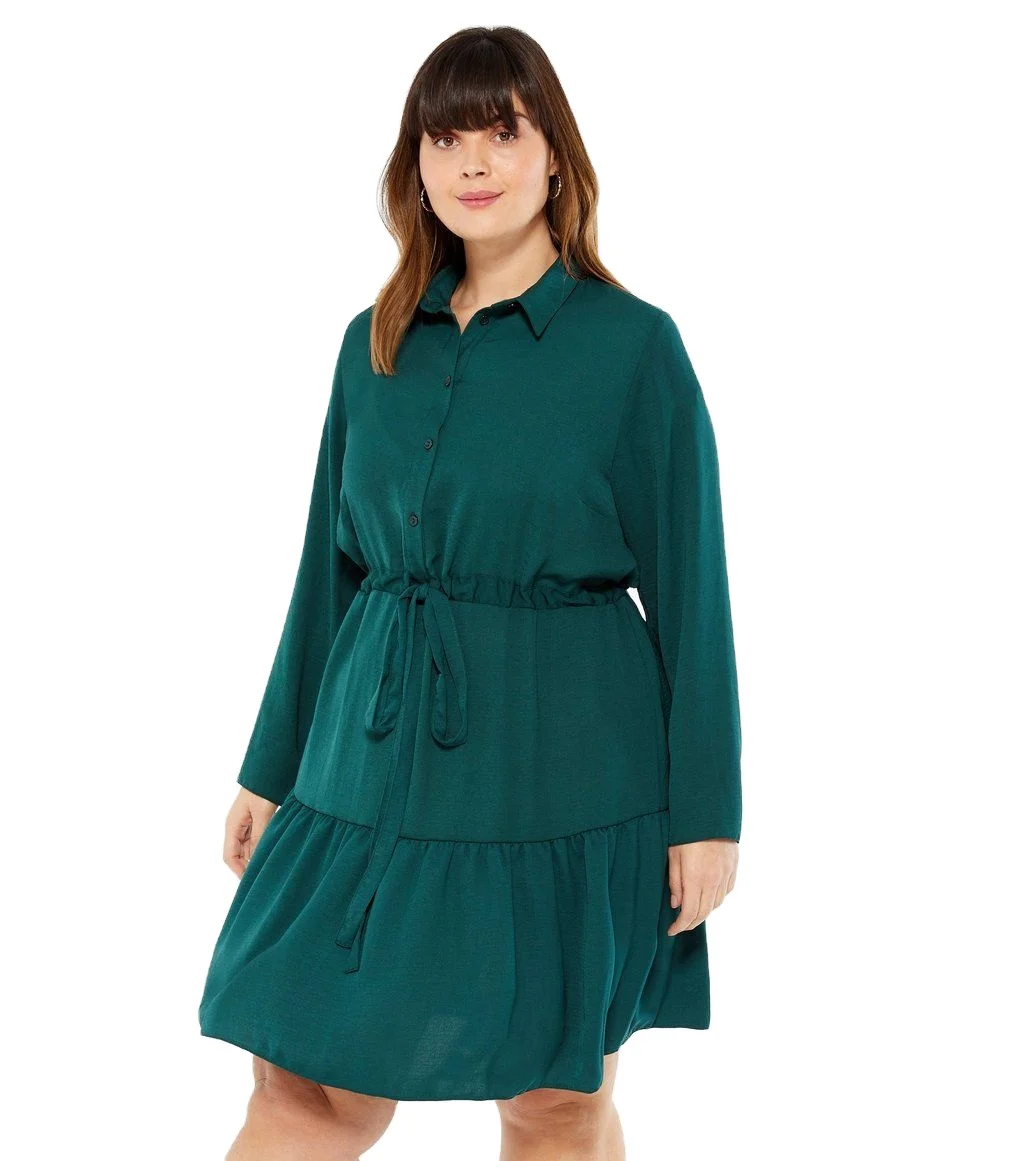 

curves dark green herringbone tiered hem shirt dress