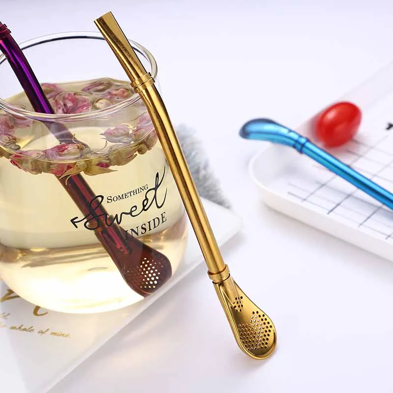 

High quality stainless steel straw spoon for drink bar coffee Filter spoon/Bombilla Tea straws, Silver/gold/ rose gold/color/black/blue/purple