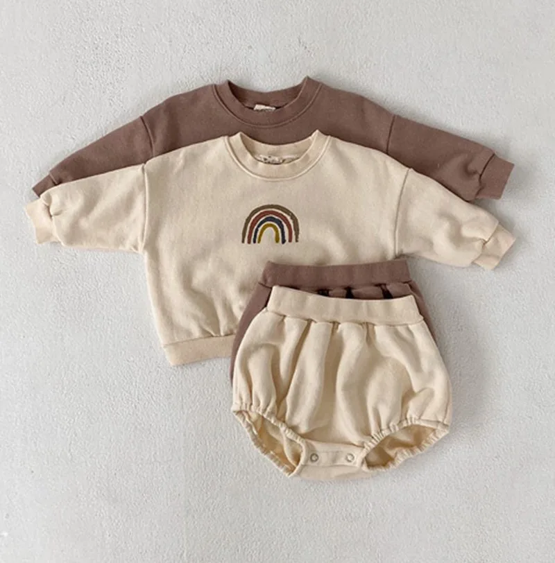 

Q107088 1-3years spring autumn new baby children's suit printed rainbow sweater & baby pp short two-piece suit outfits