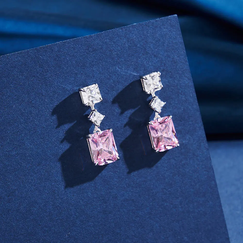 Rinntin LZE32 925 Sterling Silver Topaz 5A Pink Zircon Drop Earrings for Women Luxury Wedding Fine Jewelry Gift