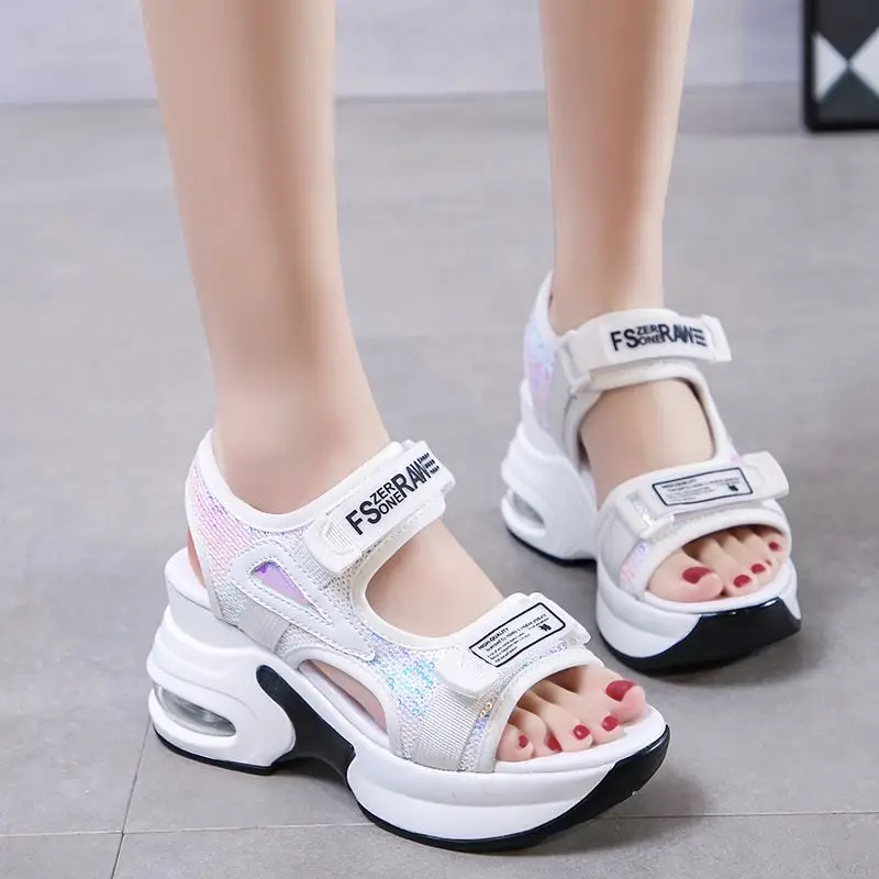 

Sexy Open-toed Women Sport Sandals Wedge Hollow Out Contrast Sequin Sandals Outdoor Cool Platform Shoes Women Beach Summer Shoes