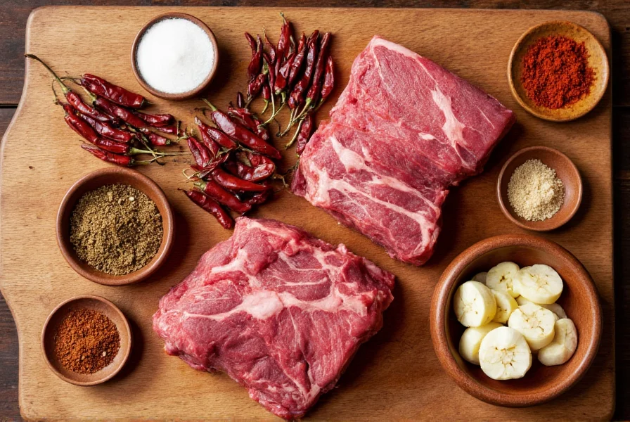 Traditional chili colorado recipe ingredients including dried ancho and guajillo chilies, beef chuck, garlic, and spices arranged on wooden cutting board