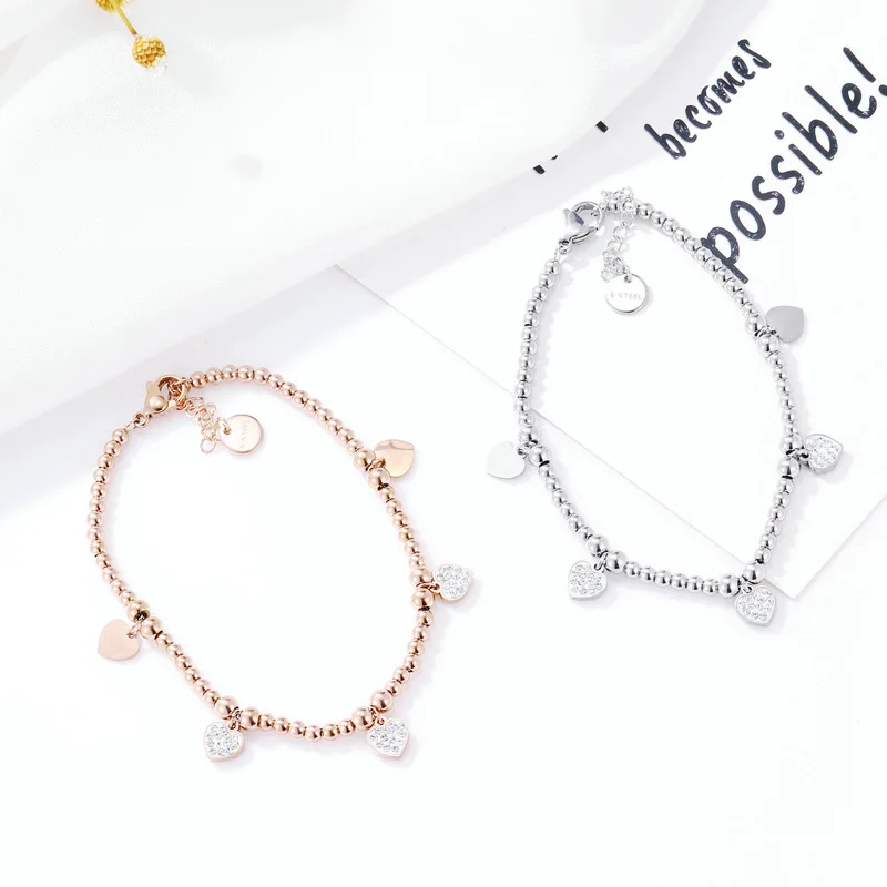 

Amazon Hot Sale Real Gold Plating 316L Stainless Steel Heart Beads Chain Bracelet Crystal Rhinestone Heart Elastic Bracelet