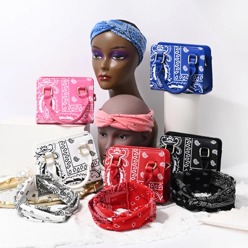 

Wholesale Bandana Print Small Crossbody Purses and Hair Scarf Trend Women Chain Shoulder Hand Bags Ladies Zipper Handbags Set, 8 colors