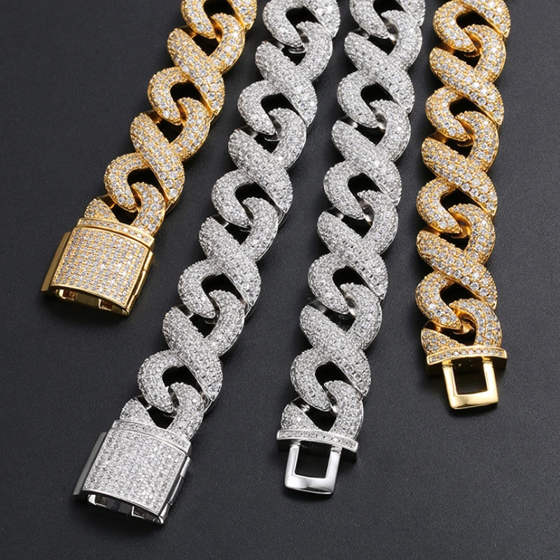 

Hip Hop Jewelry Iced Out 5A Zircon Micro insert Eight Chain Silver Plated Cuban Link Chain Bracelet, White/yellow