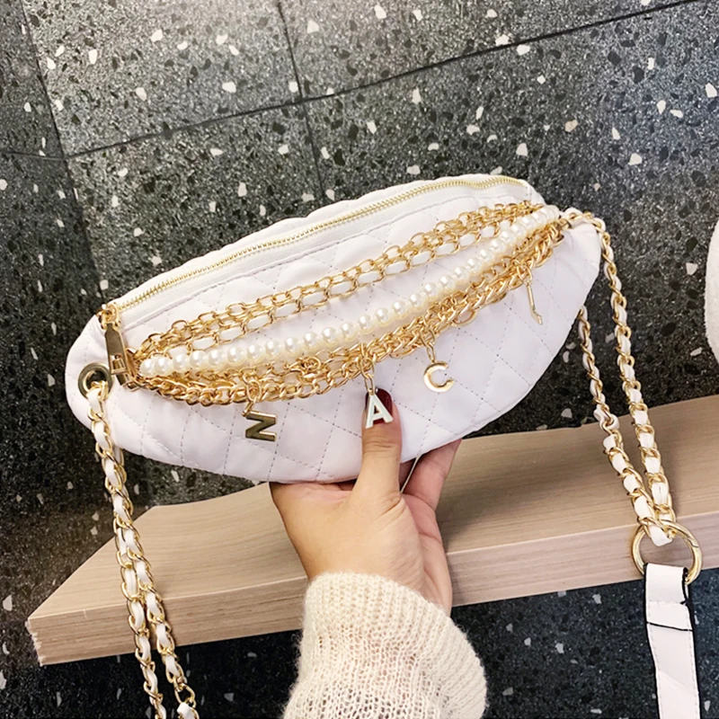 

Fashion Leather Belt Bags Female Crossbody Pack Handbags Luxury Waist Bag Pearl Chain Fanny Pack OEM, Black/white