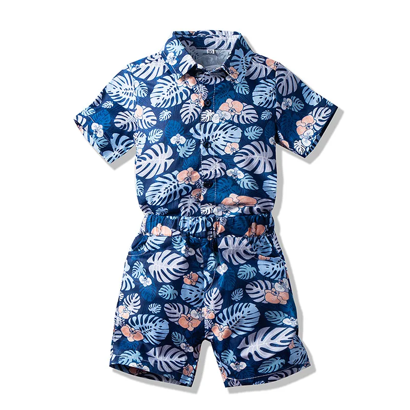 

New arrival summer casual printed short sleeve customized hawaiian children kids shirts set