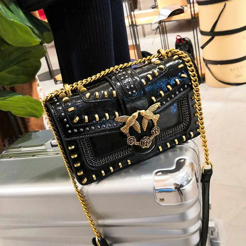 

Female Swallow Bag 2020 New Retro Rivet Chain Shoulder Bags Fashion Women Purse and Handbags High Quality Small Square Bags