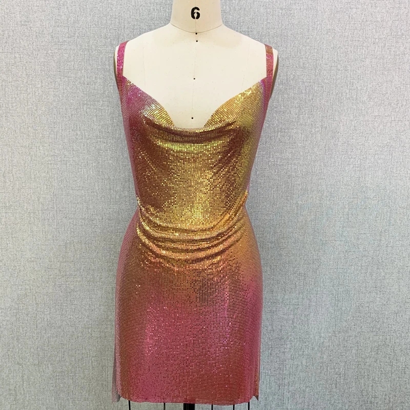 

Sexy Red Colorful Metallic Metal Mesh Party Wear Backless Women Mini Chain Mail Dress