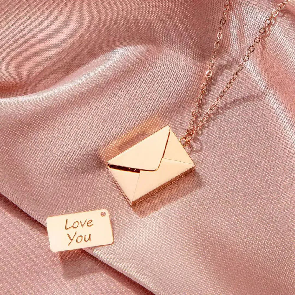 

Custom Card Removable Envelope Lock Pendant Necklace 18k Gold Plated Stainless Steel I Love You Envelope Necklace For Valentine