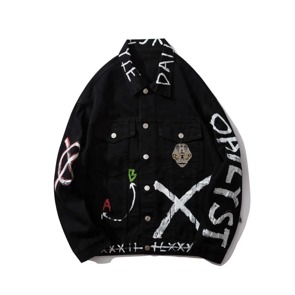 Men Black Denim Jacket Ripped Men's Jean Jacket Coat Oem Service Hip Hop Plus Size Jackets Print