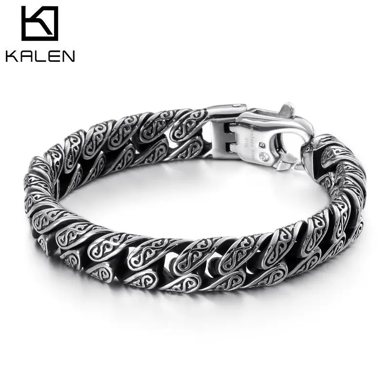 

KALEN Totem Retro Jewelry Bracelets Mysterious Symbol Titanium Charm Stainless Steel Cuban Chain Link Bracelet Men, Steel color