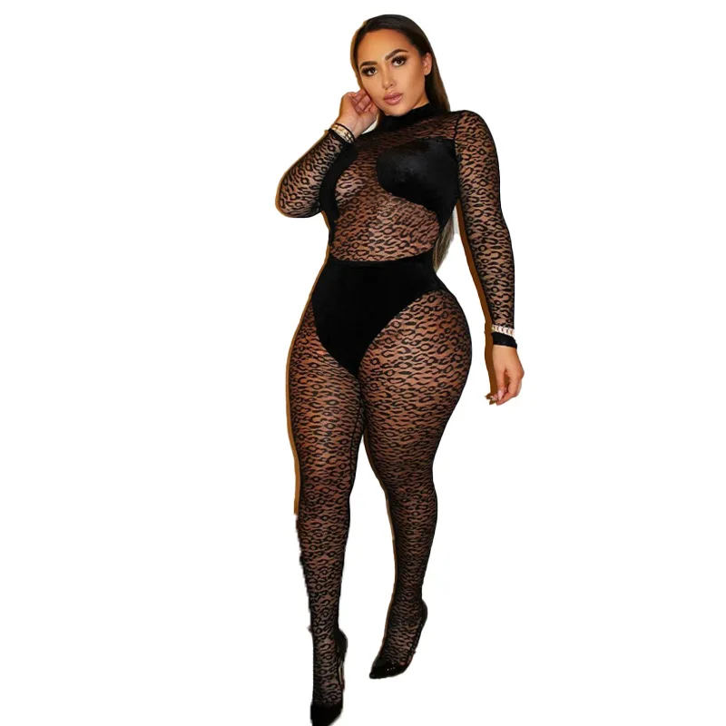 

2021 new arrivals spring design mesh stand collar contrast panel full length women sexy jumpsuit