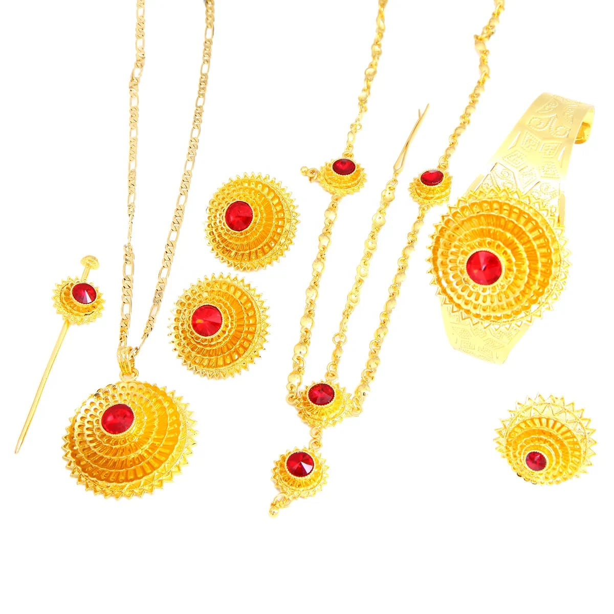 

Ethiopian Gold Color Hair Piece Pendant Necklace Earings Ring Hair Pin Bracelet Africa Habesha Wedding Jewelry Sets