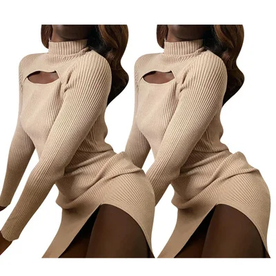 

B53954A Women casual dress fashion long sleeve high neck sexy slit dress, Apricot