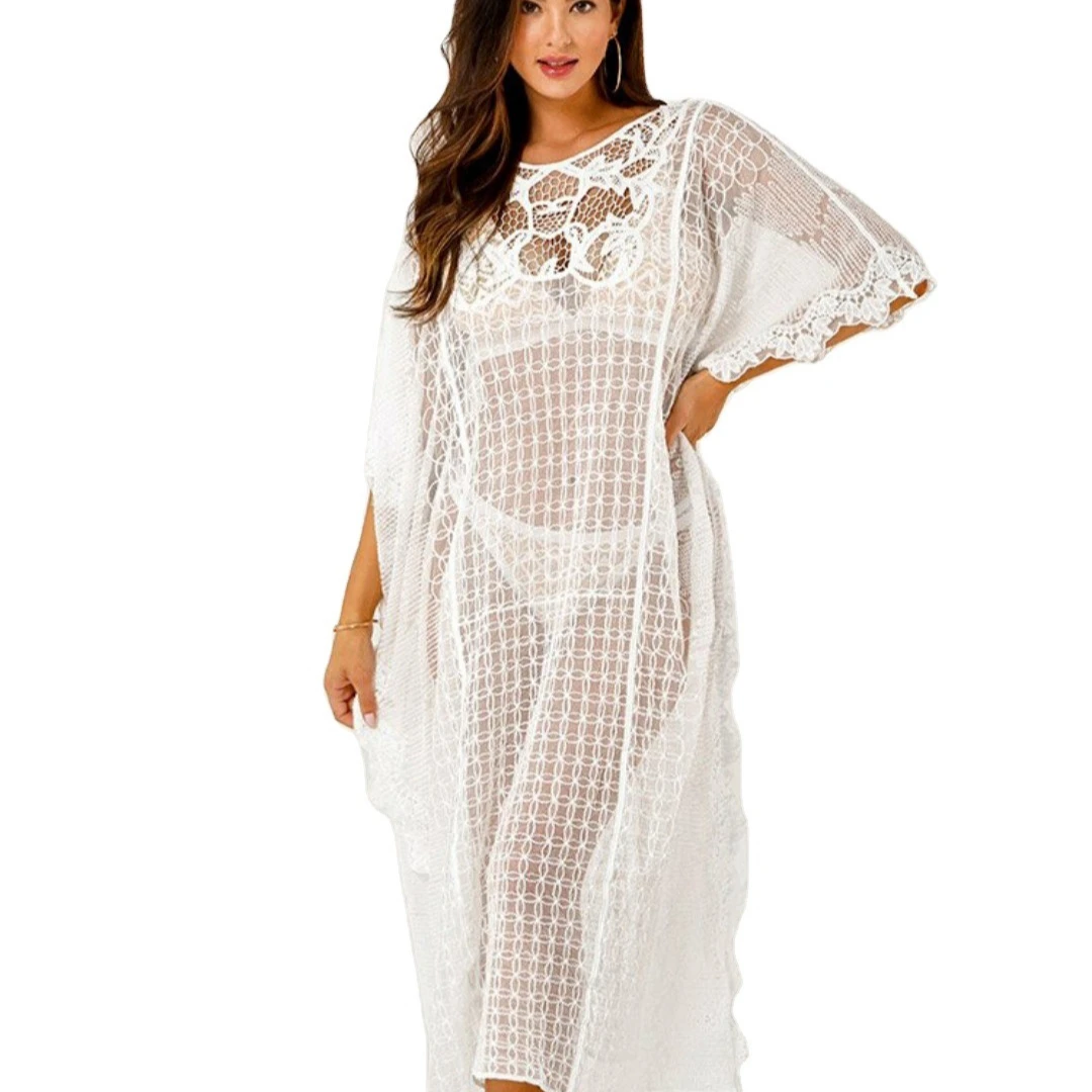 

Best Selling Ruffled Long Sleeve Beachwear One Piece Round Neck Wrap Solid Women Lace Cover Up 2021