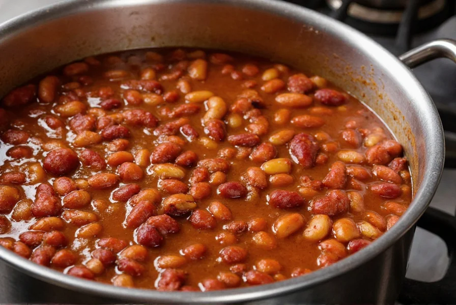 Traditional pot of chili beans with kidney beans, ground beef, and spices simmering on stove