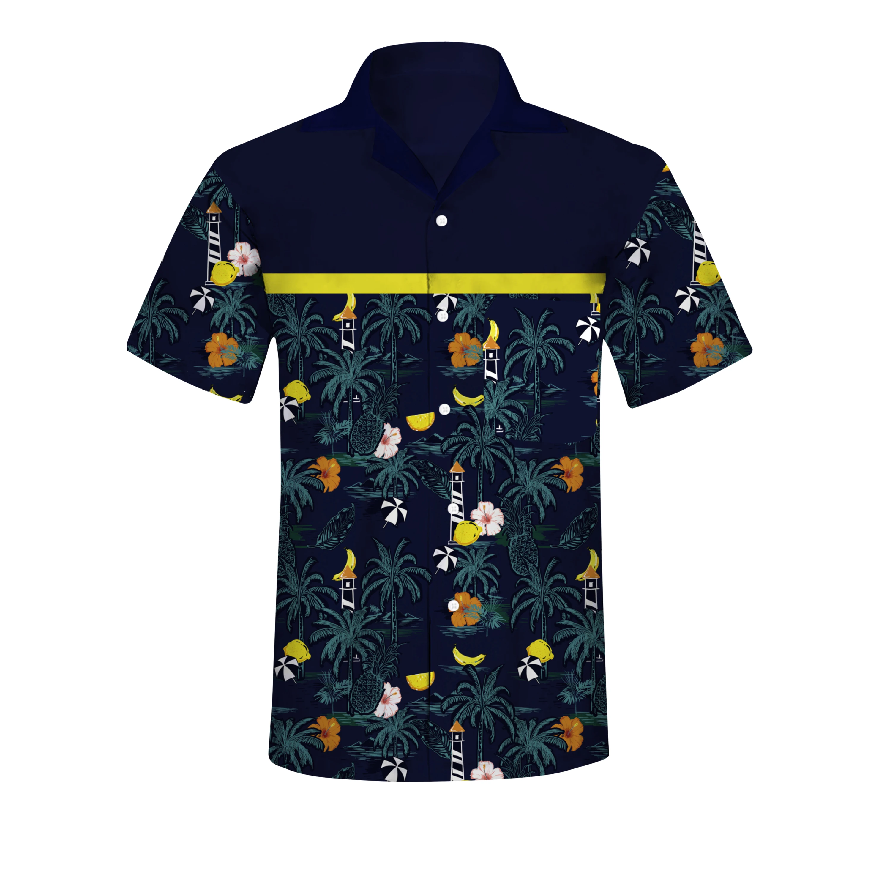 

New Fashion Men Summer Printing Polyester Button Lapel Short Sleeve Tops Blouse Casual Beach Shirt, Custom color