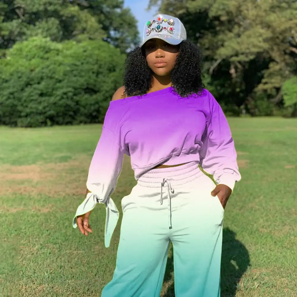 

Tops Pant Sweat Suits 2 Piece Matching Sets Women Clothing Slash Neck Loose 2021 Elastic Waist Fall Winter Casual Full Length, Yellow+blue,wine red+blue,orange+yellow