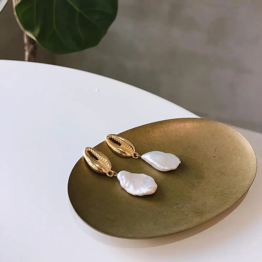 

18K Gold Plated Boho Cowrie Shell Earrings 925 Sterling Silver Baroque Pearl Hanging Statement Drop Dangle Earrings