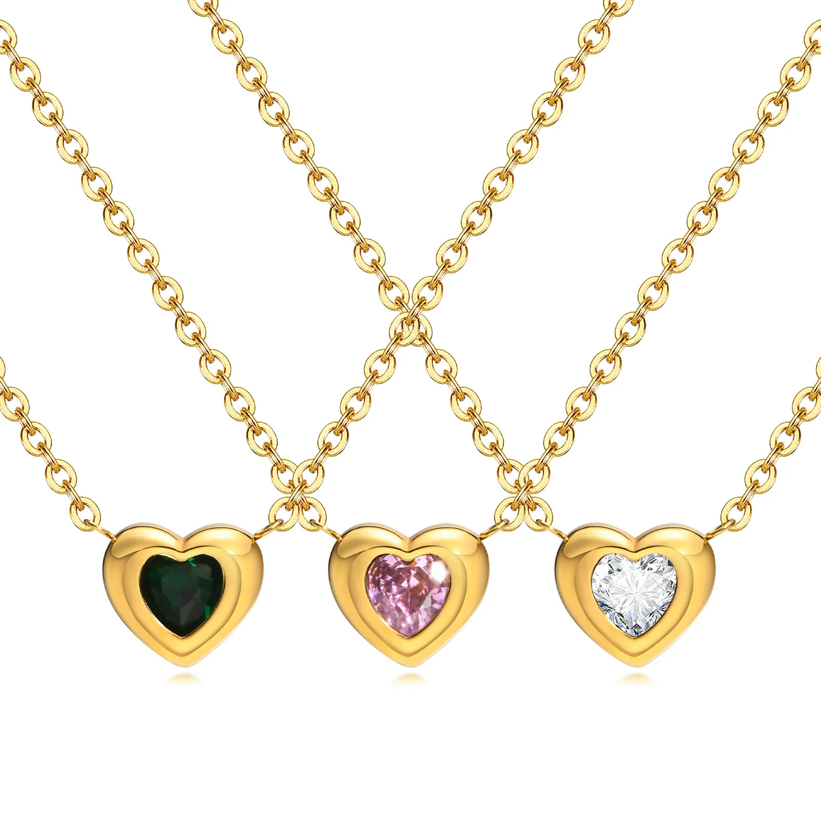 

18K Gold Stainless Steel NecklaceHeart Inlaid Pink Zircon Pendant Necklace Jewelry Summer Style