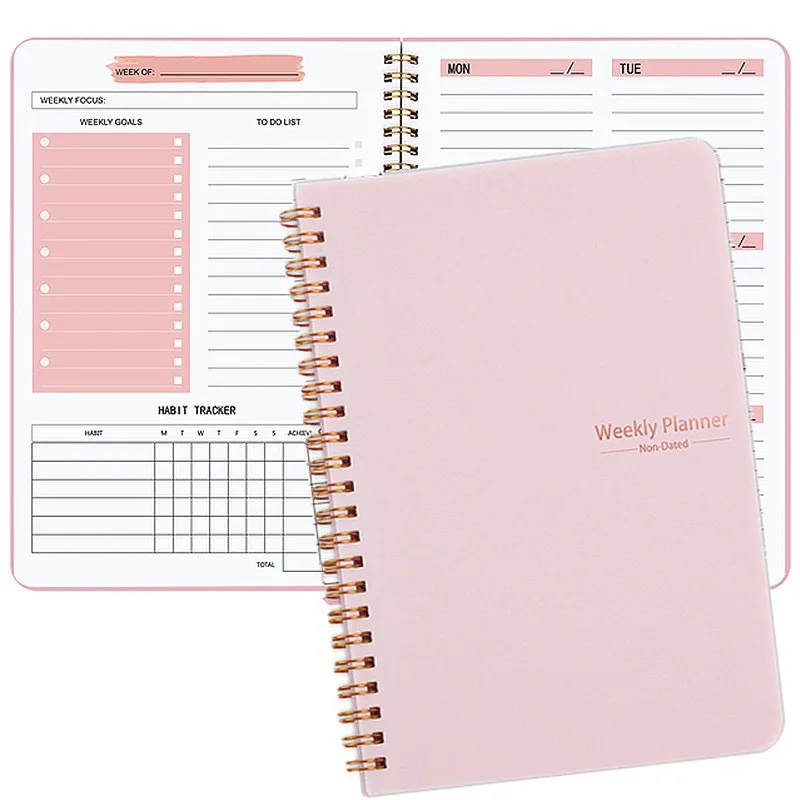 Hot Sale A5 Weekly Monthly Spiral Organizer Agenda Planner Notebook 52 Weeks Schedule with Transparent PP Leather Cover Material