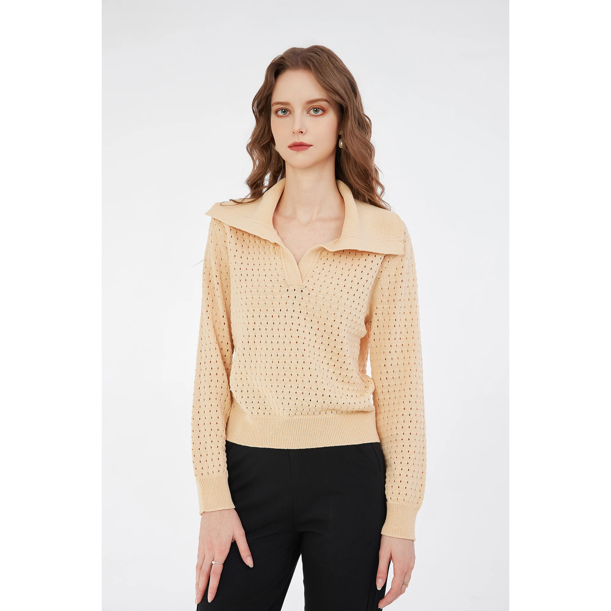 Wholesale Women's Long Sleeve Pointelle Knit Polo Knitwear Vintage Style V-Neck Hollow Out Pullover Top for Spring Autumn