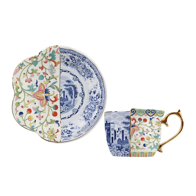 

SU25 Irregular Porcelain European Afternoon Style Ceramic Tea Coffee Cup Saucer Set with Gold Rim