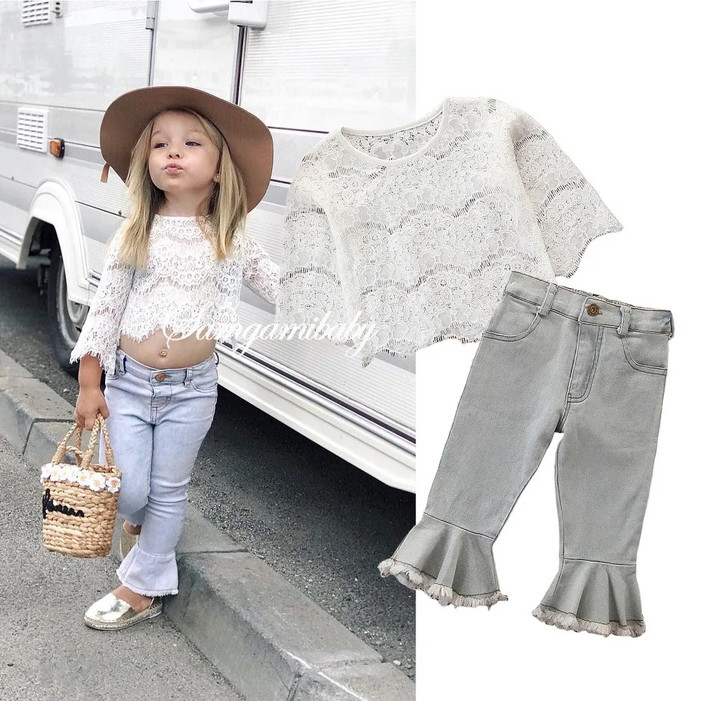 Fashion Toddler Kids girls' clothing sets fall Baby Girls lace Tops jeans Outfits Clothes