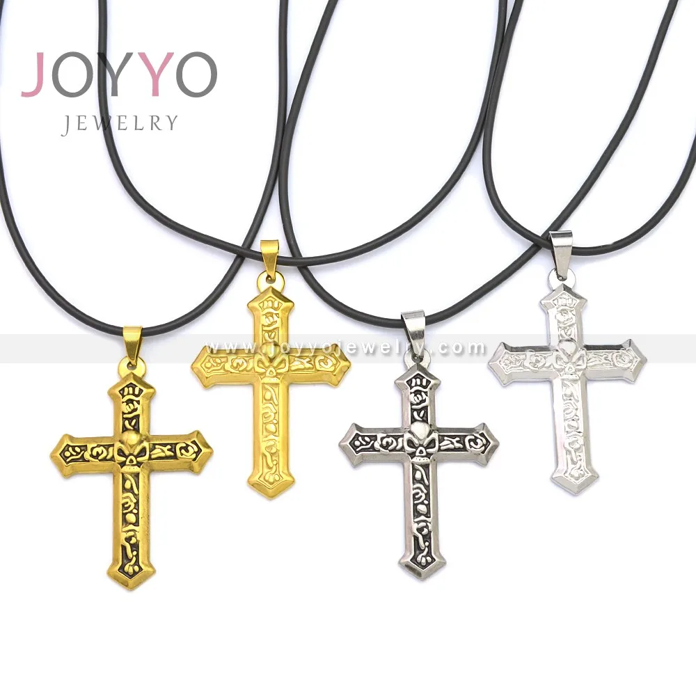 

Cross with skull design pendant rubber necklace stainless steel for men
