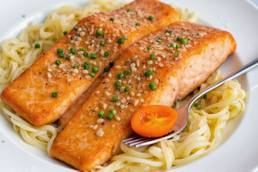 Plated ginger salmon with rice and vegetables