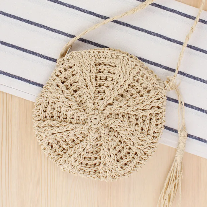 

New simple round tassel straddle straw woven bag hand made single shoulder woven bag summer beach bag