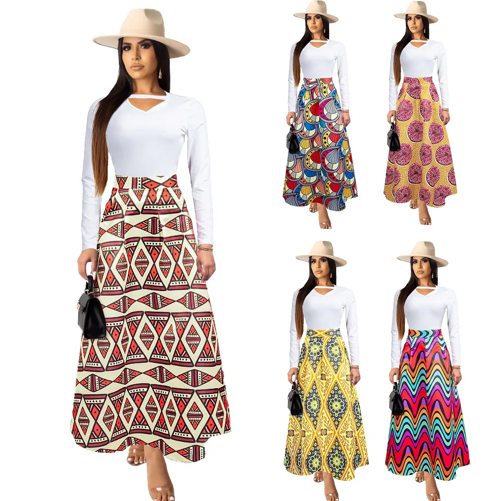 

Fashion multicolor floral pattern print long casual plaid skirt for women FM-A6275