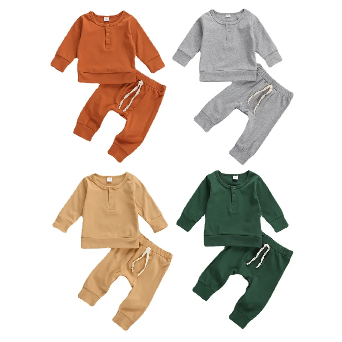 

High Quality Boys And Girls Baby Solid Color Autumn Winter Comfortable Round Collar 2pcs Suit For Newborn Baby Clothes