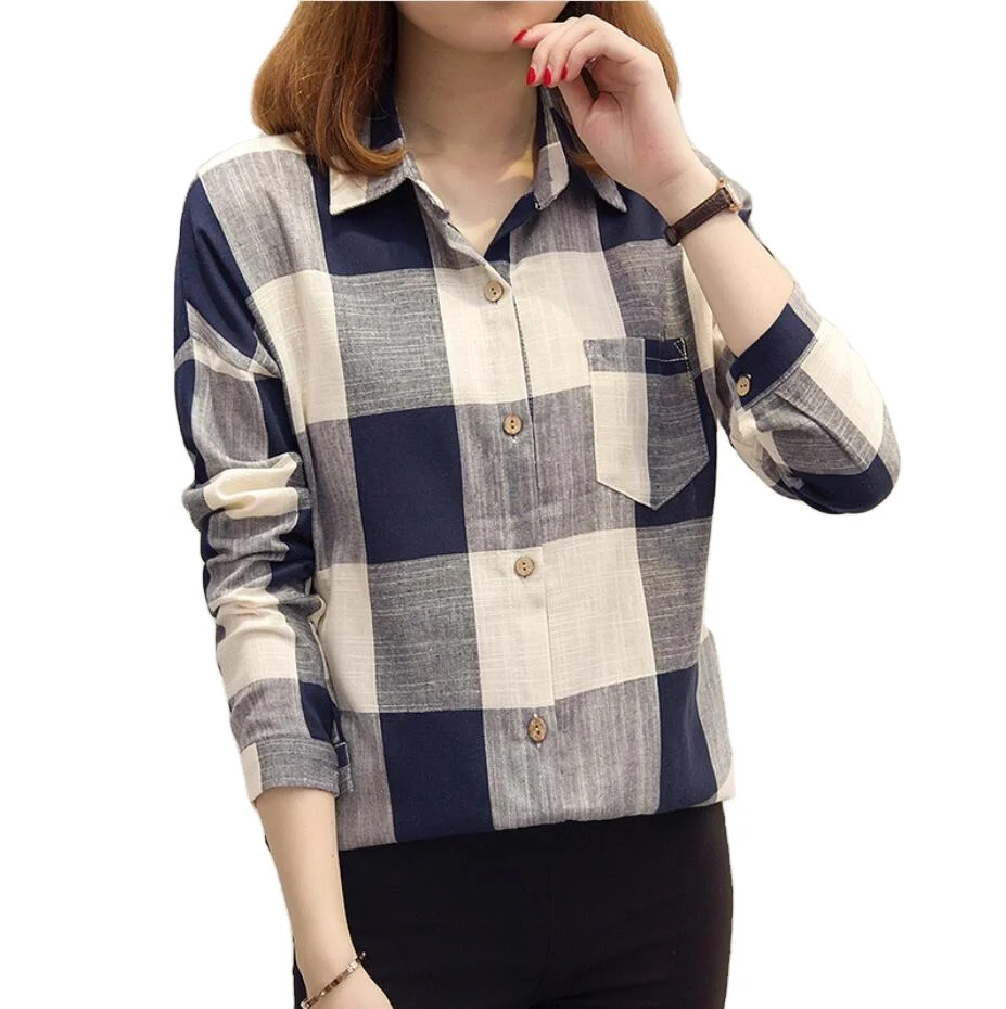 

Wholesale Korea Style Turn Down Collar Long Sleeve Plaids Shirt For Women, Can custom