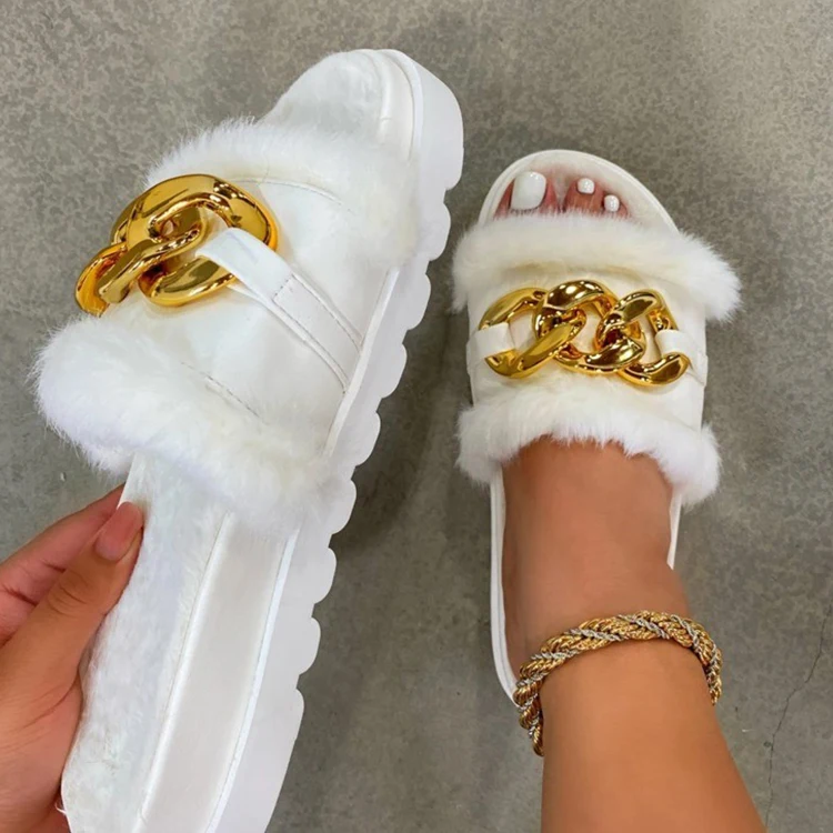 

New Design Chain Sandal Fashion Luxury Flip-flops Beach Fur Slippers For Women Slides Slippers