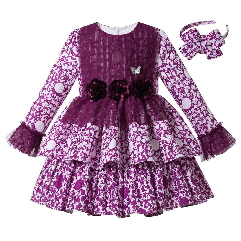 

2021 Pettigirl New Arrival Children Girl Gress 2-12Y Purple Sweet Long Sleeve Cotton Girl Dress