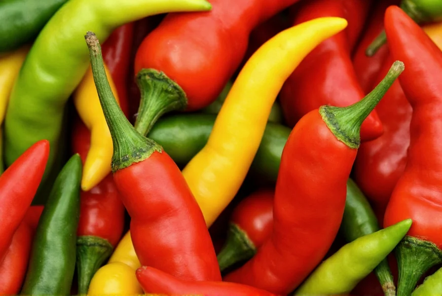 Close-up view of various chili pepper varieties showing different colors and shapes for wikipedia chili reference