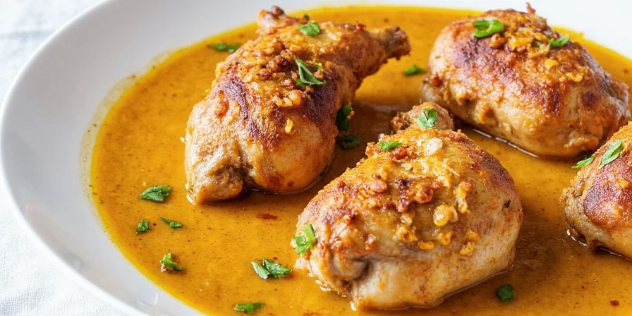 Creamy yellow risotto next to a chicken drumstick