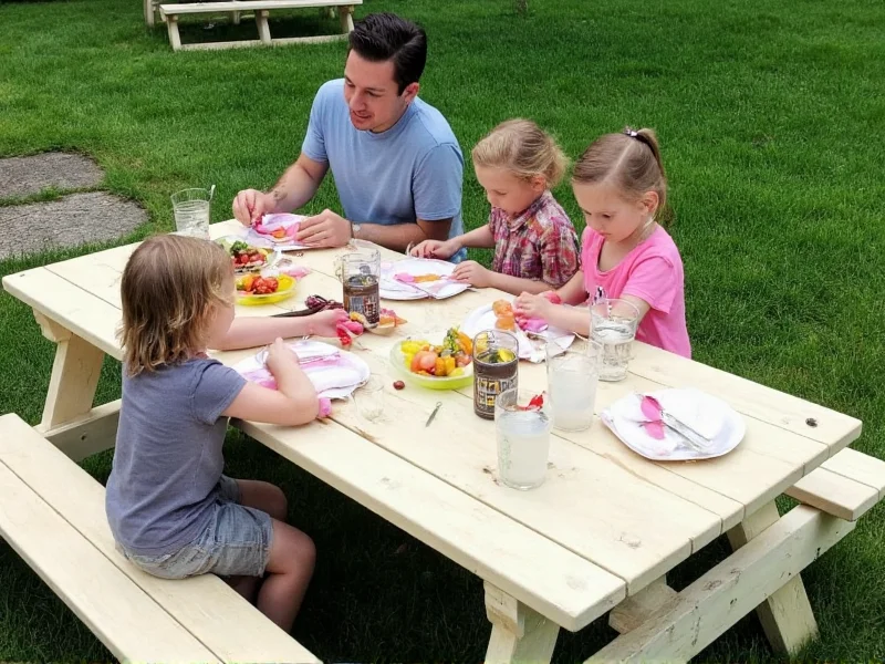 Completed DIY picnic table with family enjoying summer meal