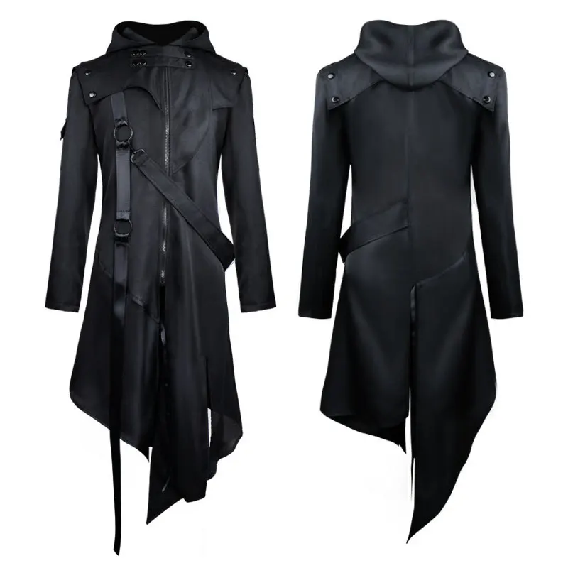 

Halloween Gothic Punk Black Jackets Medieval Retro Men Knight Vampire Cosplay Costume Hooded Coat Outerwear Windbreaker, As show