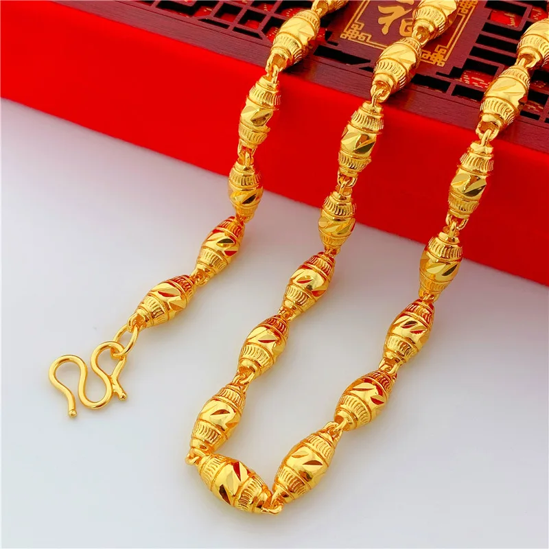 

Brass Gold-Plated Imitation Gold Men's European And American Fashion Sand Thai Carven Design Olive Solid Necklace