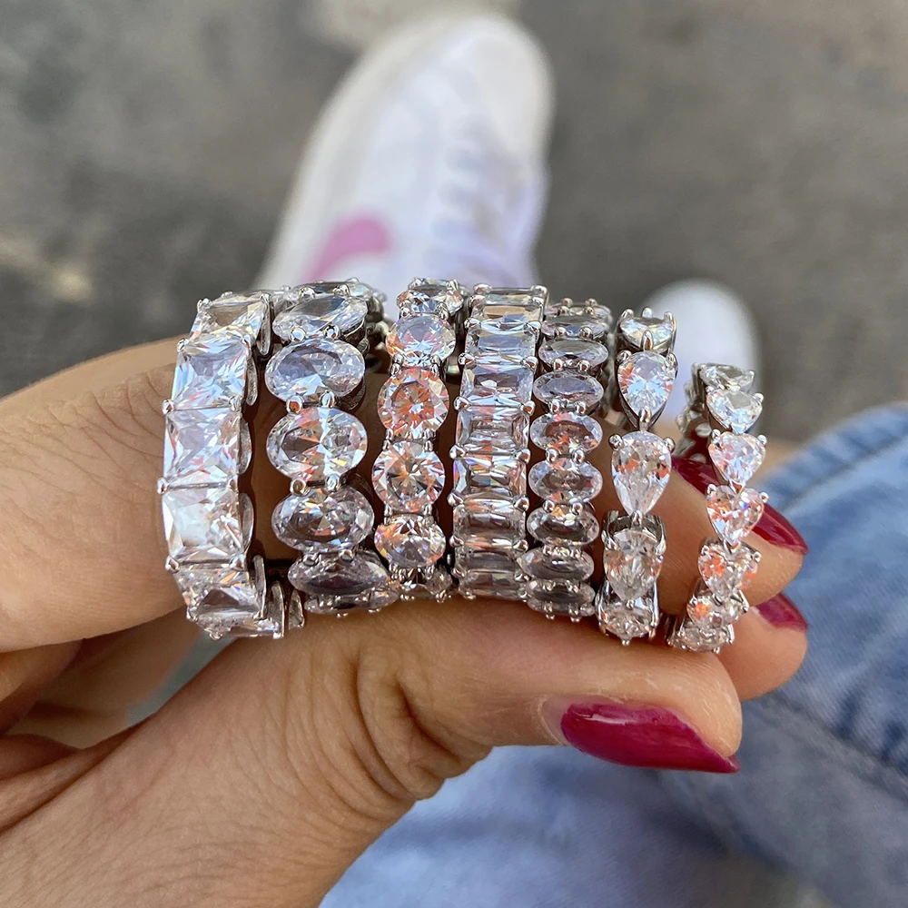 

White Gold Plated Women Hiphop Cubic Zirconia Pave Setting Iced Out Silver Baguette Tennis Diamond Rings Jewelry, Silver color