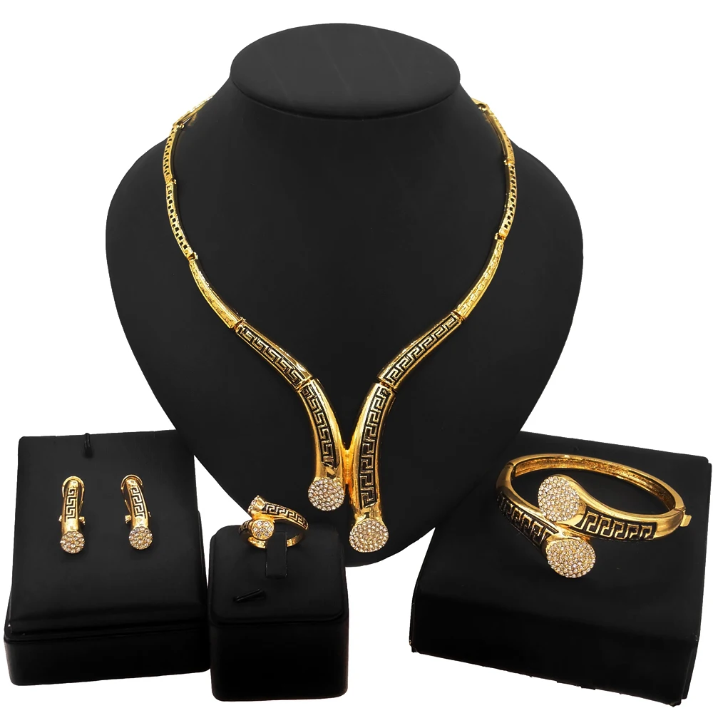 

Yulaili 2020 Fashion Wedding Bridal Jewelry Sets Gold Color Bangles Choker Rings Earrings High Quality Women Party Jewellery Set