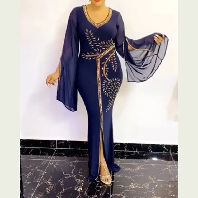 

African&Dubai&Turkey ladies flare sleeve abaya top quality rhinestone fishtail long dress 2021, Dark blue green red or customized