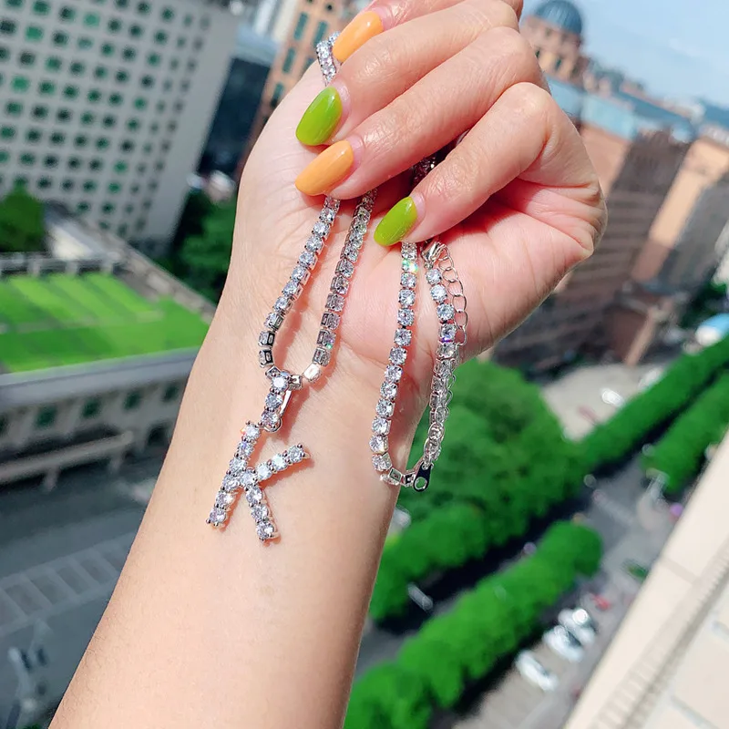 
wholesale alphabet cubic zirconia tennis diamond letter initial pendant necklace silver women jewelry 