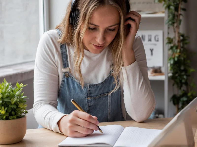 Craft business owner taking notes while listening to podcast