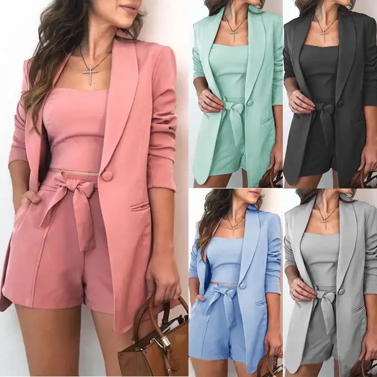 

Blazers Ladies Women European American Sexy Solid Color Three Piece Suit Blazer Coat Pants Suit Short Set Blazers Ladies Women, Customized color